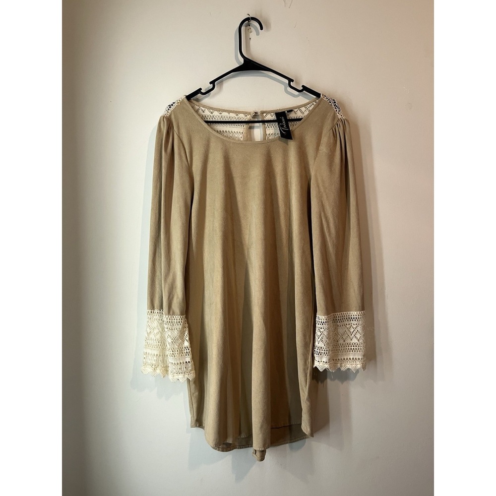 Trixxi Western Suede Dress Knee Length Long Sleeve Lace Accents Tan Size Medium